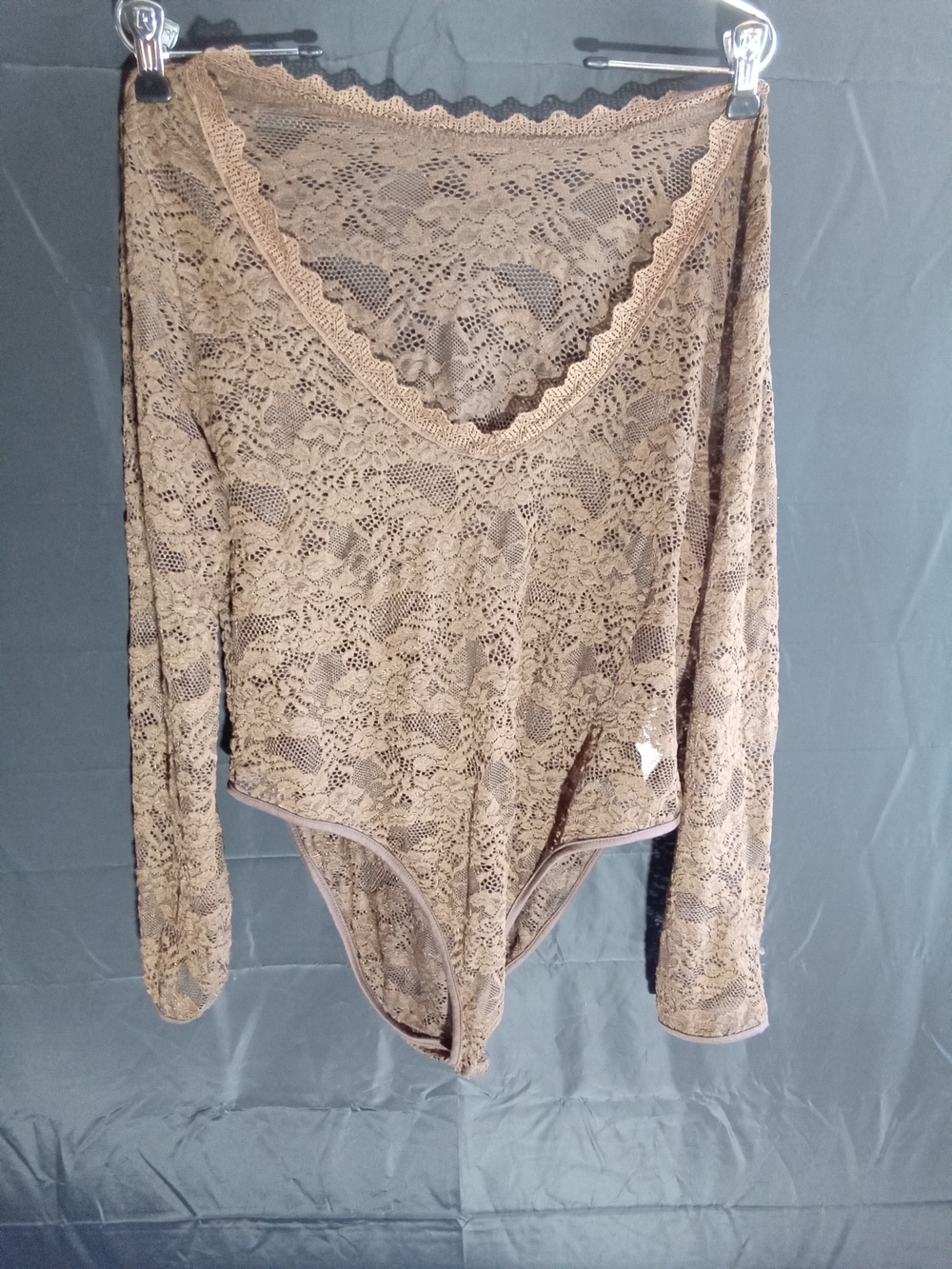 Shein Sheer Lace Long Sleeve Bodysuit in Brown  SEE DESCRIPTION